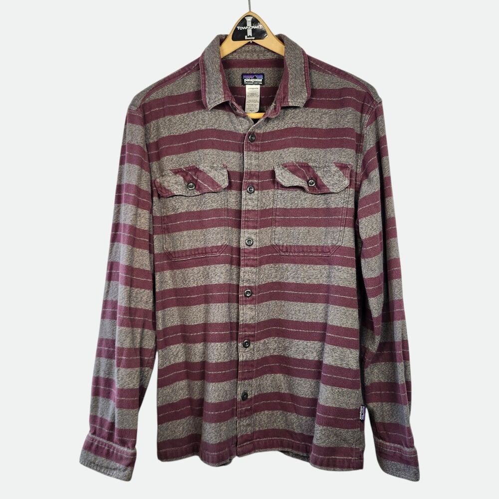Patagonia Fjord Flannel Shirt Mens‎ Medium Striped Gray Red 100% Organic Cotton